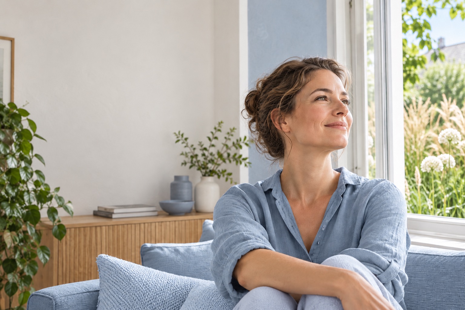 Eine Frau am geöffneten Fenster
