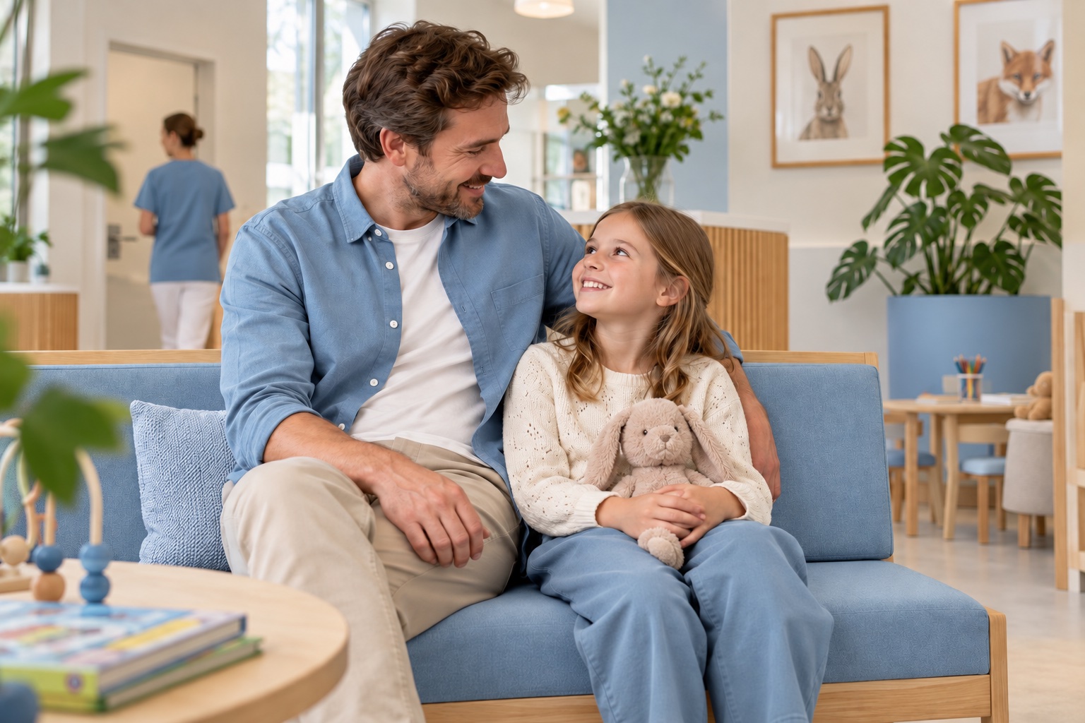 Ein Vater und seine Tochter auf einem hellblauen Sofa