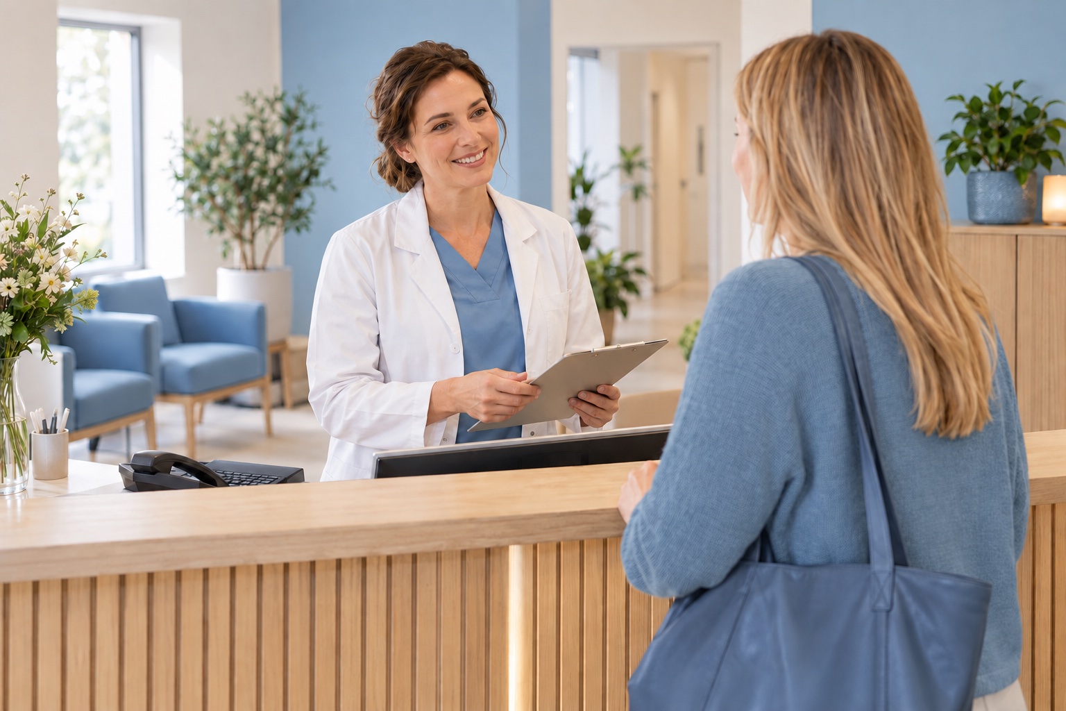 Eine Patientin am Empfang einer Praxis
