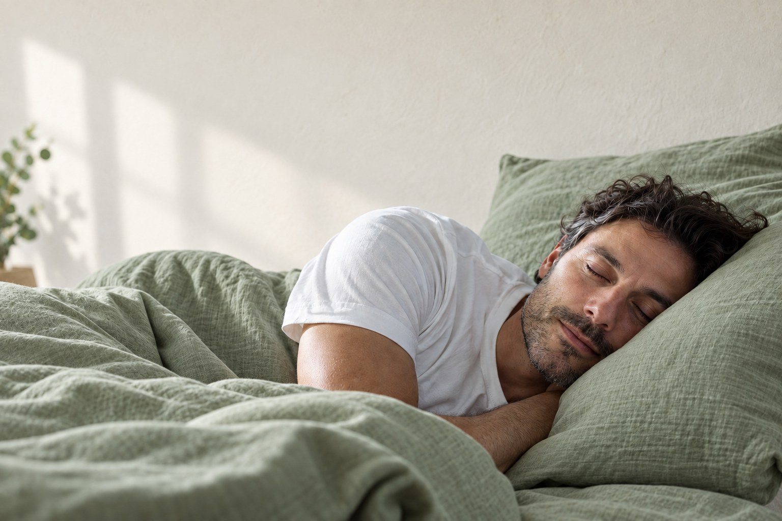 Mann schläft in salbeigrüner Leinenbettwäsche