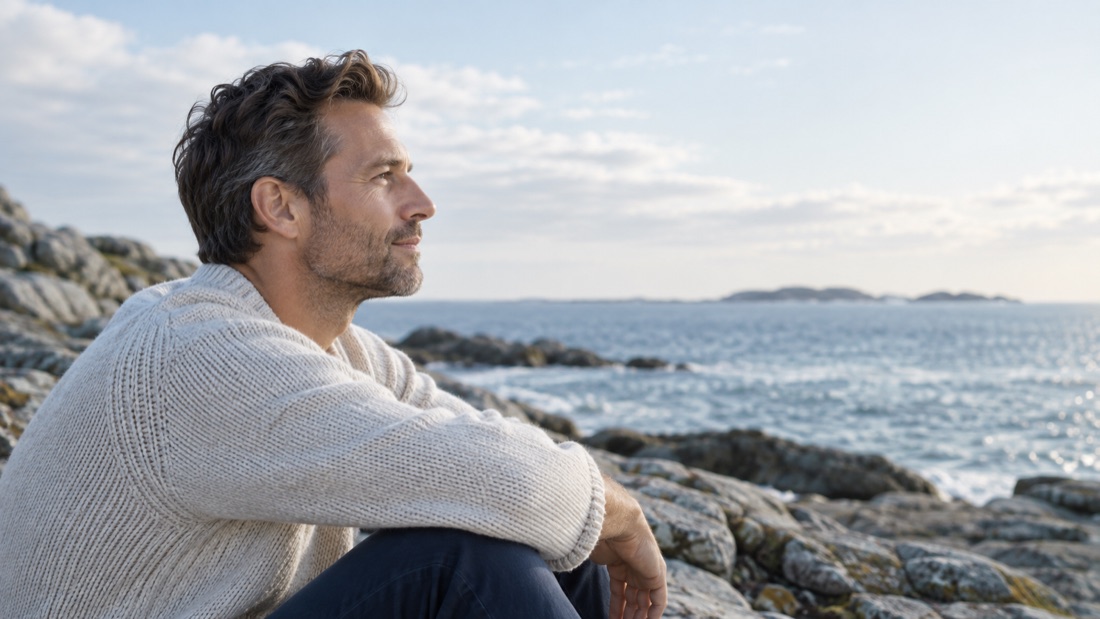 Ein Mann am Meer blickt in die Ferne